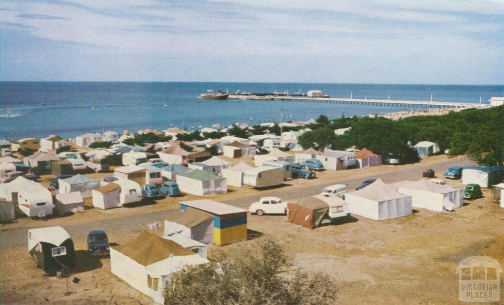 Campers and caravaners at the foreshore, Portarlington, 1958