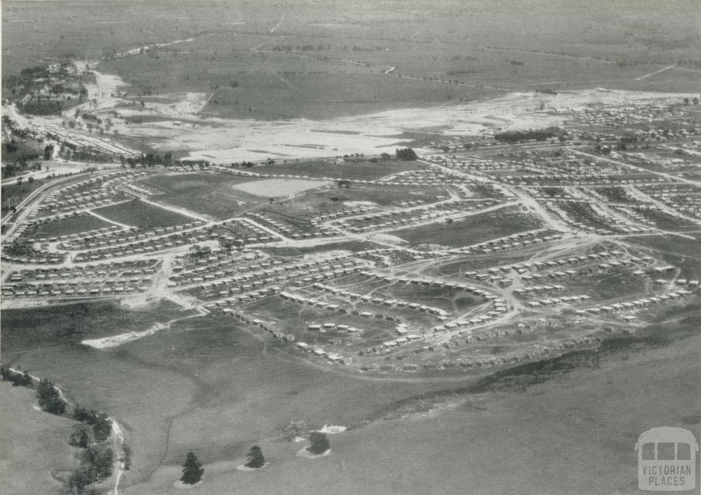 Morwell township with newly developed coal-fields in the background, 1955