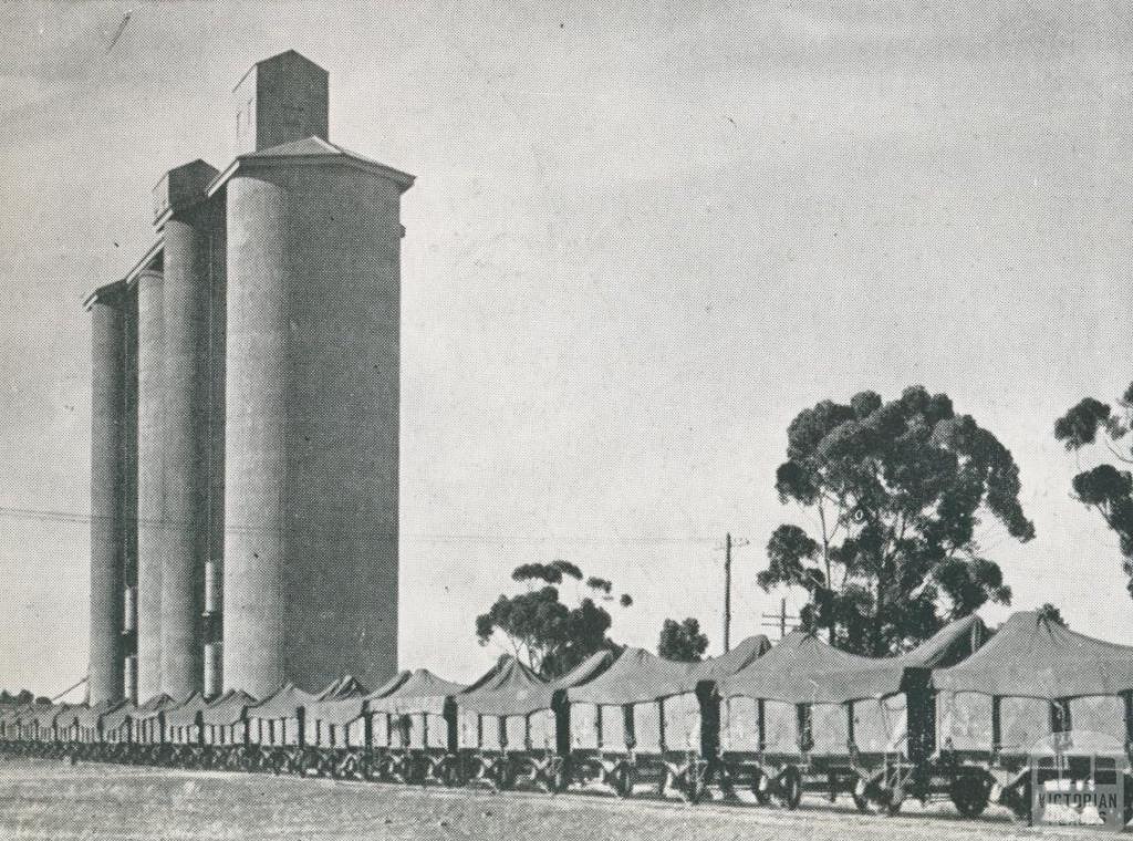 Wheat train passing the silos at Donald, 1955