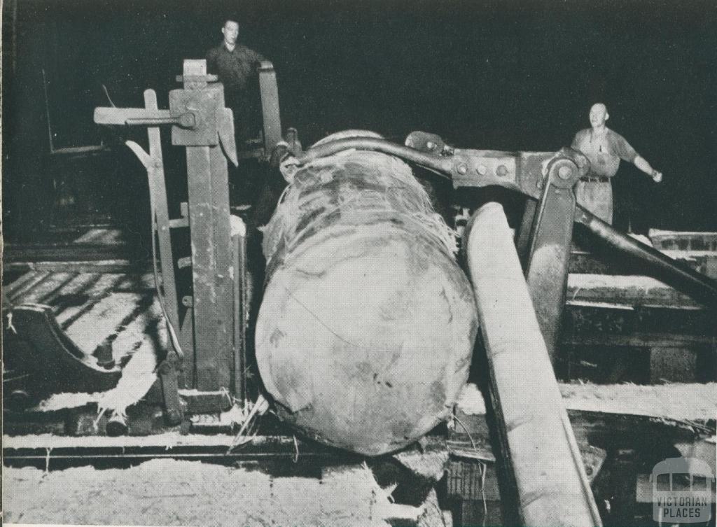 The Symonson log turning unit in a mill, Powelltown, 1955