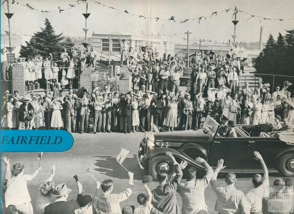 The Queen and Duke of Edinburgh passing the gates of the Fairfield Mill, 1954