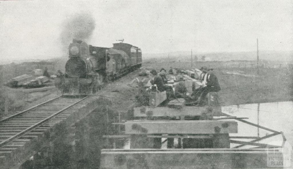 One of the first passenger trains from Noyora passing over the Powlett River temporary bridge, 1927