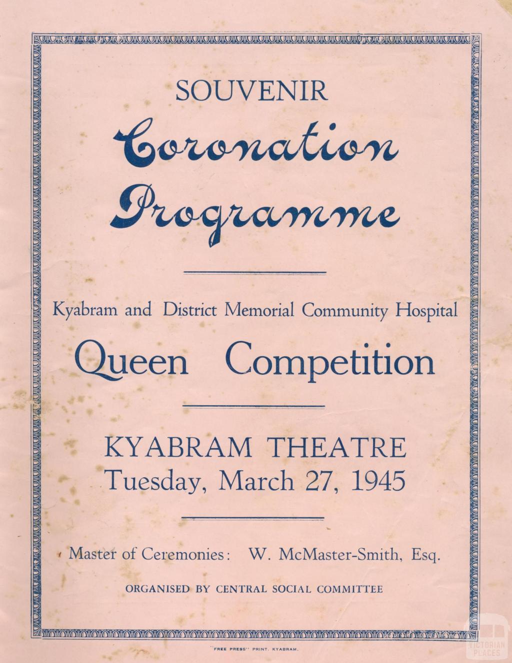 Cover, Kyabram and District Memorial Community Hospital, Souvenir Coronation Programme, 1945