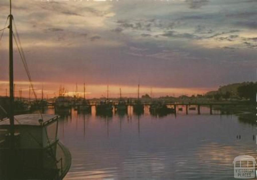 Sunset over boat harbour, Lakes Entrance