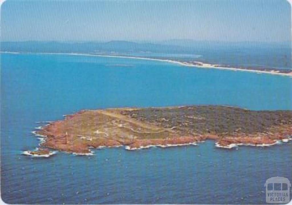 Aerial view of Gabo Island with Mallacoota Lakes and Genoa Peak in background