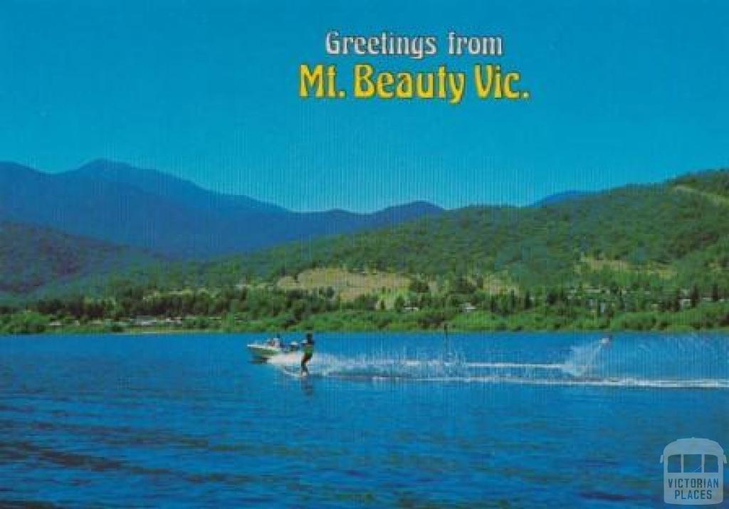 Water ski-ing and Mount Beauty township from the Pondage Lake