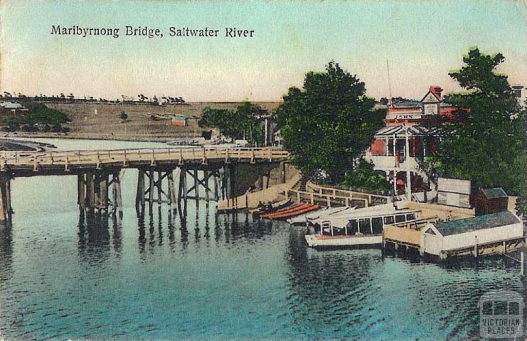 Maribyrnong Bridge, Saltwater River showing Anglers Hotel, Mooney Ponds c1910