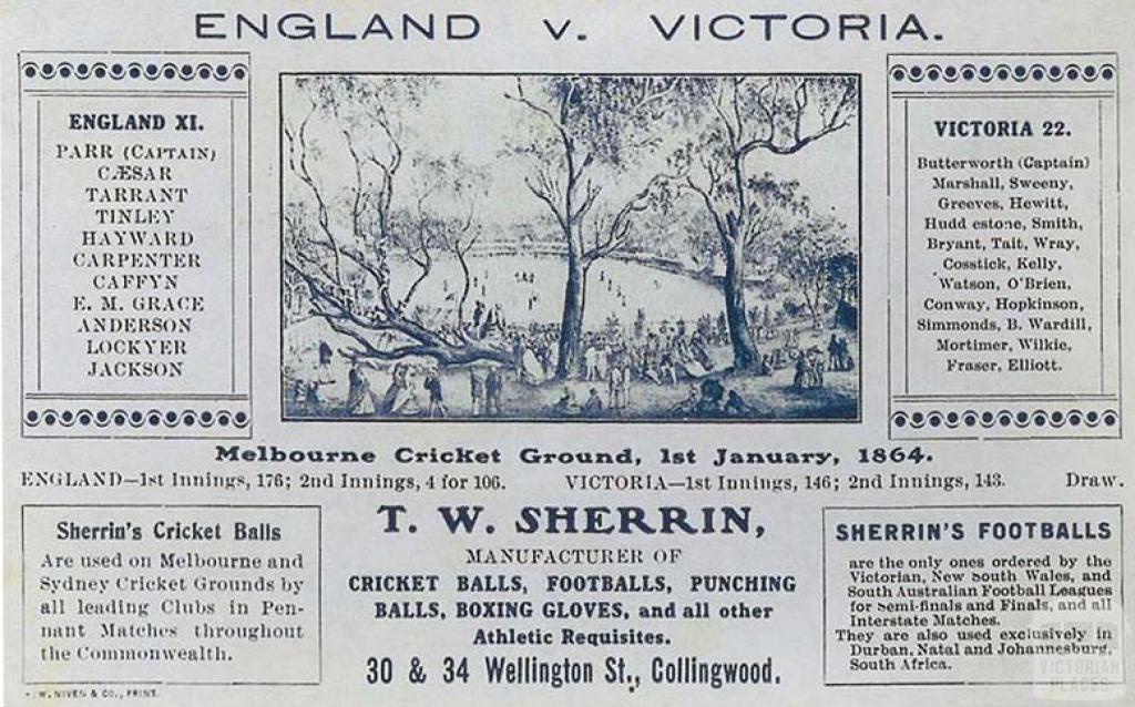 Advertisement for T.W. Sherrin sporting goods c1904, featuring a cricket match at the MCG in 1864