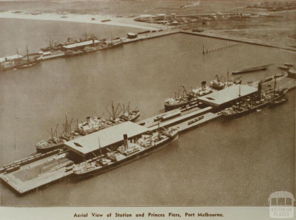 Aerial view of Station and Princes Piers, 1939