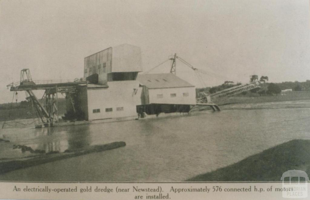 Electrically operated gold dredge near Newstead, 1938