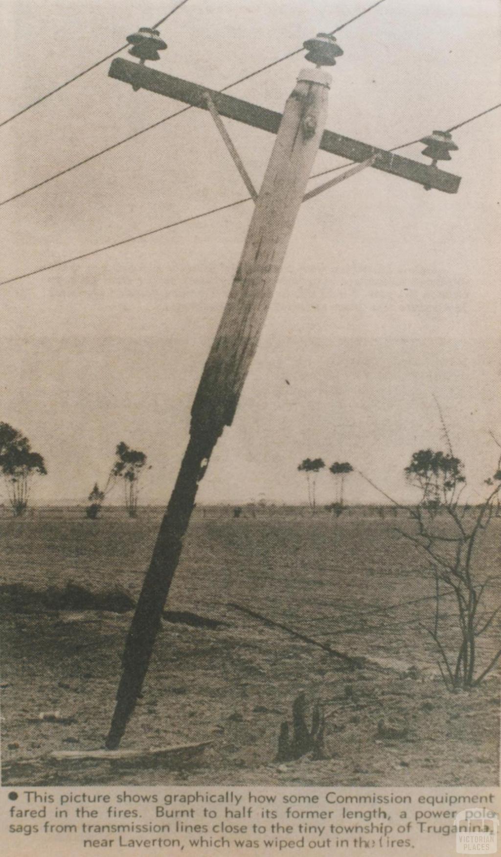 Burnt power pole near Truganina, 1969