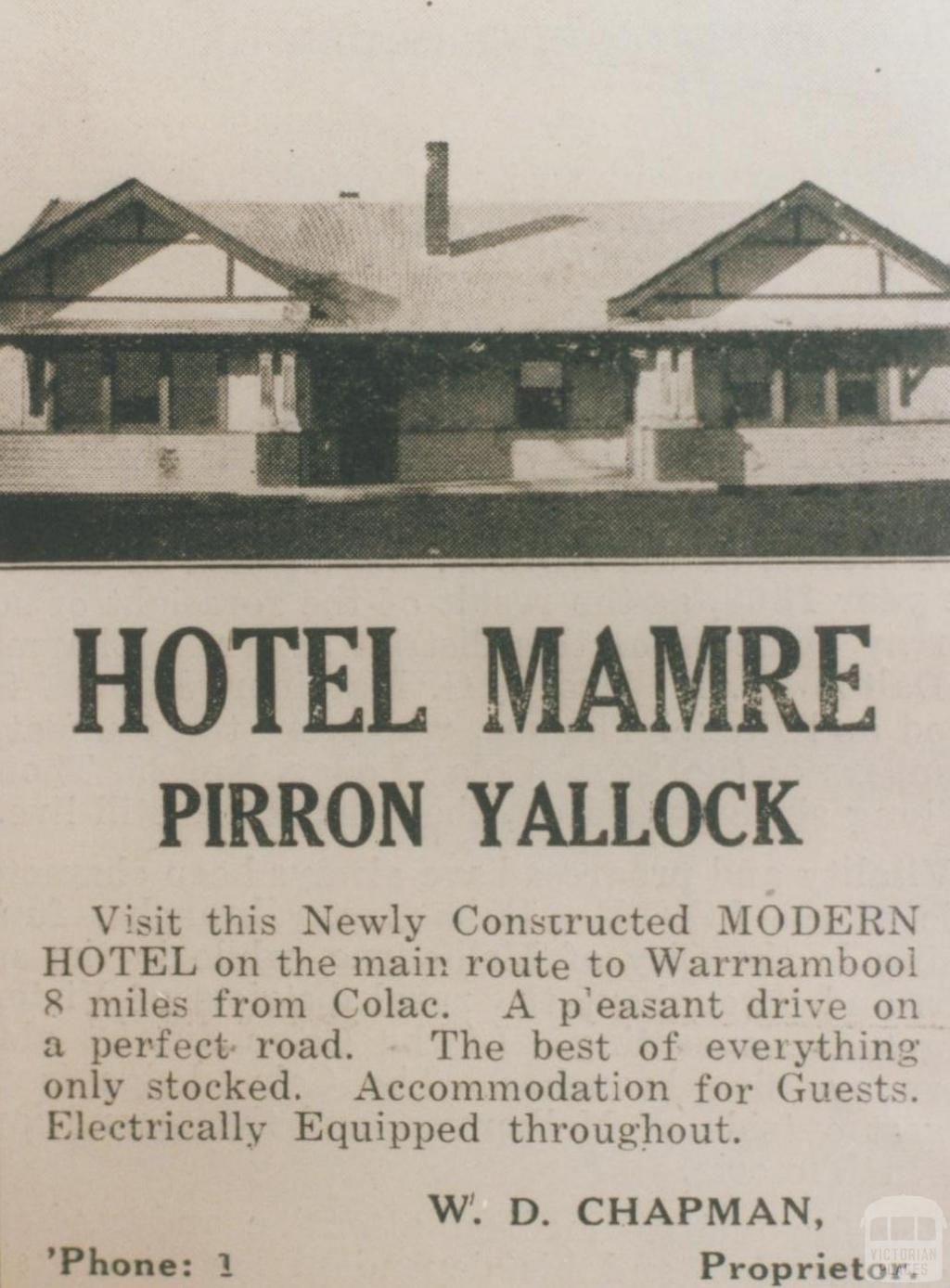 Advertisement, Hotel Mamre, Pirron Yallock, 1937