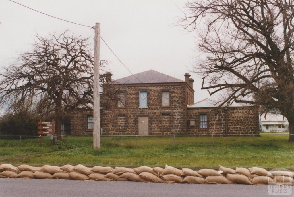 Masonic temple and sandbags along Buckenall Street, Carisbrook, 2010