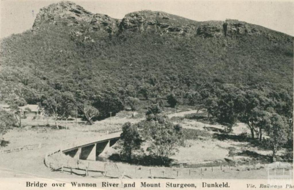 Bridge over Wannon River and Mount Sturgeon, Dunkeld, 1952