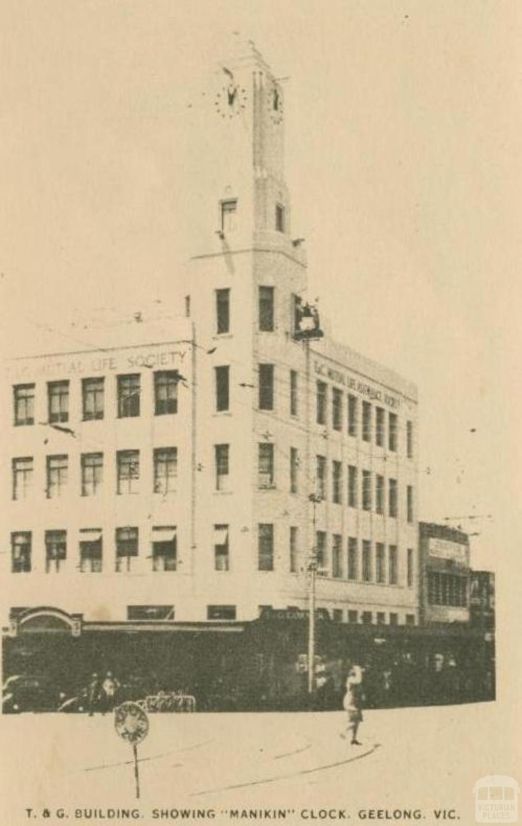 T.&G. Building showing 'Manikin' Clock, Geelong