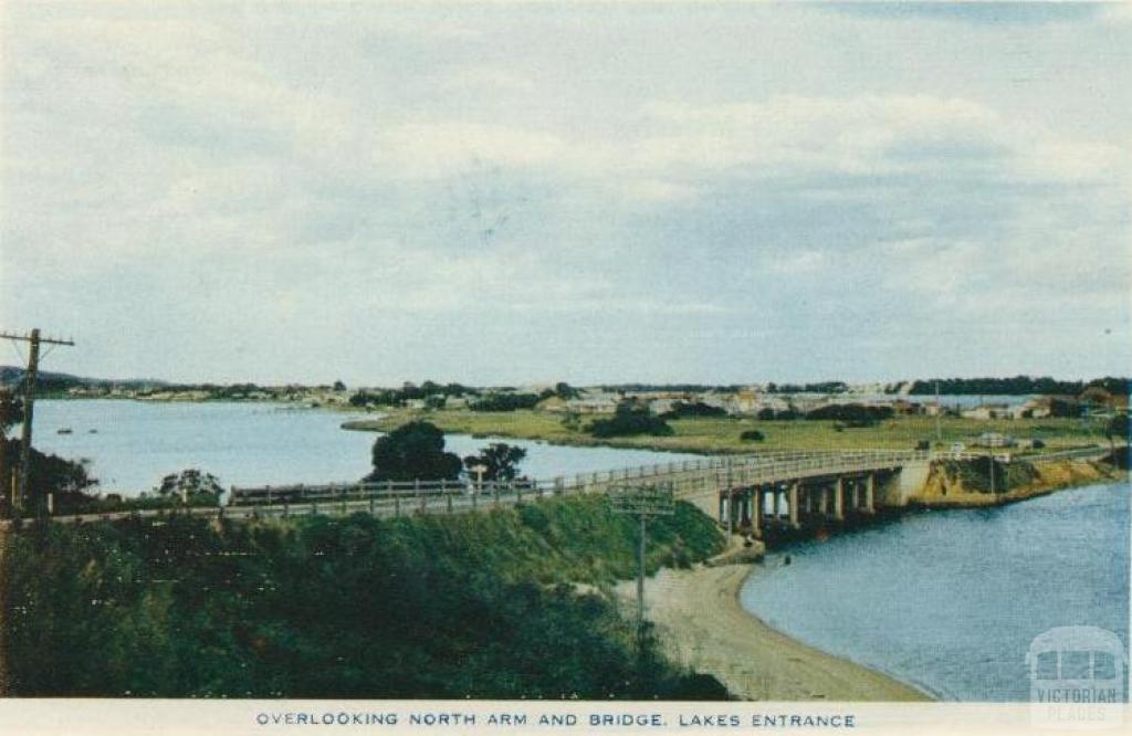 Overlooking North Arm and Bridge, Lakes Entrance, 1955