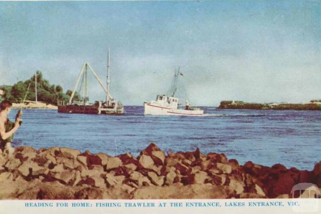 Fishing trawler at the Entrance, Lakes Entrance, 1965