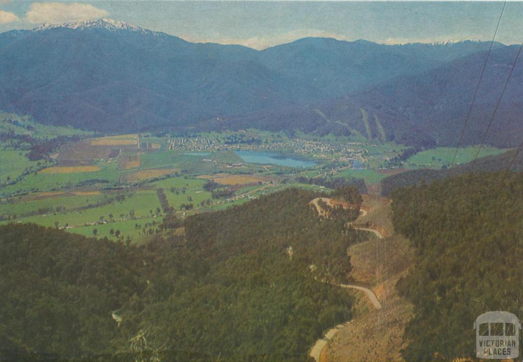 Looking at Mount Beauty township and Mt Bogong from the power lines, 1979