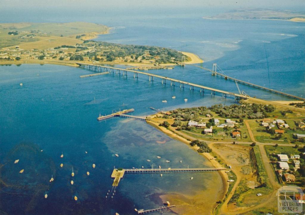 Aerial view of Newhaven, Phillip Island Bridge and San Remo, 1971