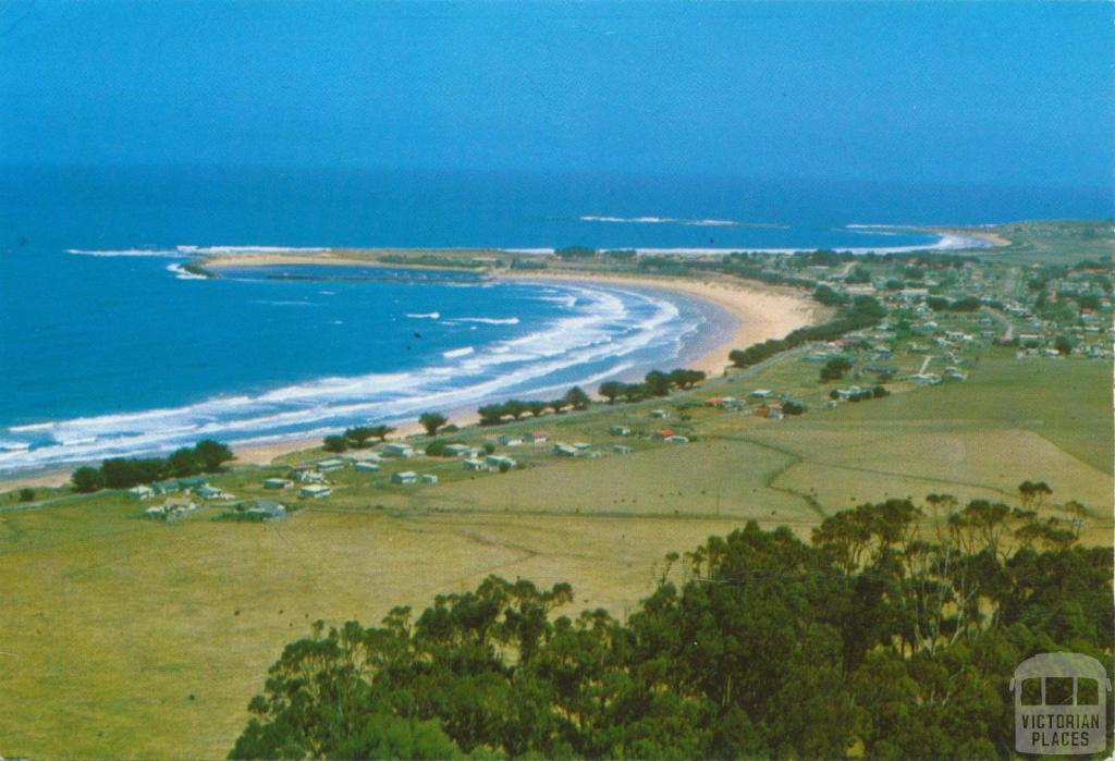 View of the beach, harbour and township, Apollo Bay, 1973