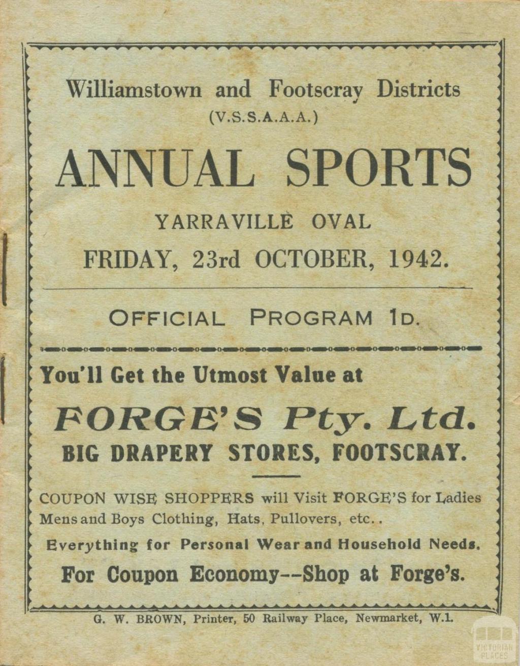 Annual Sports Program, Yarraville, 1942