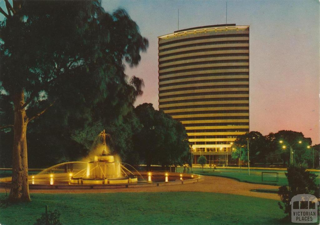 Sir Macpherson Robertson Fountain with BP building, St Kilda Road, Melbourne, 1973