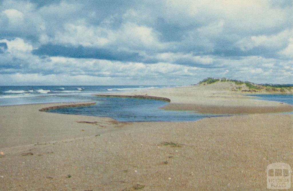 The creek crossing the beach to the sea, Seaspray, 1975