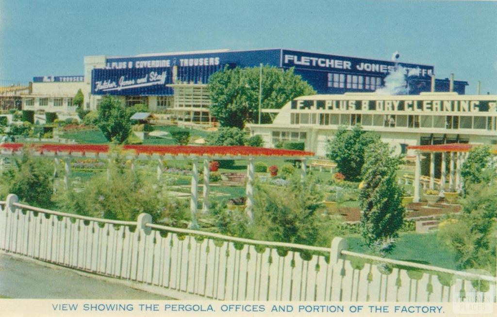 View showing the pergola, offices and portion of the factory, Fletcher Jones, Pleasant Hill, Warrnambool