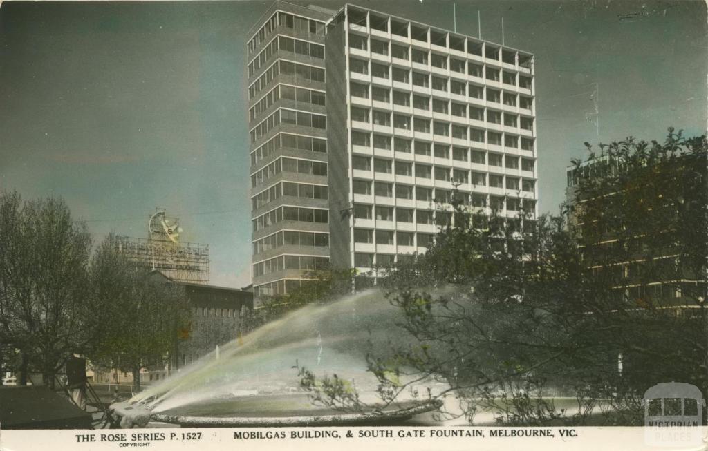 Mobilgas Building and South Gate Fountain, Melbourne