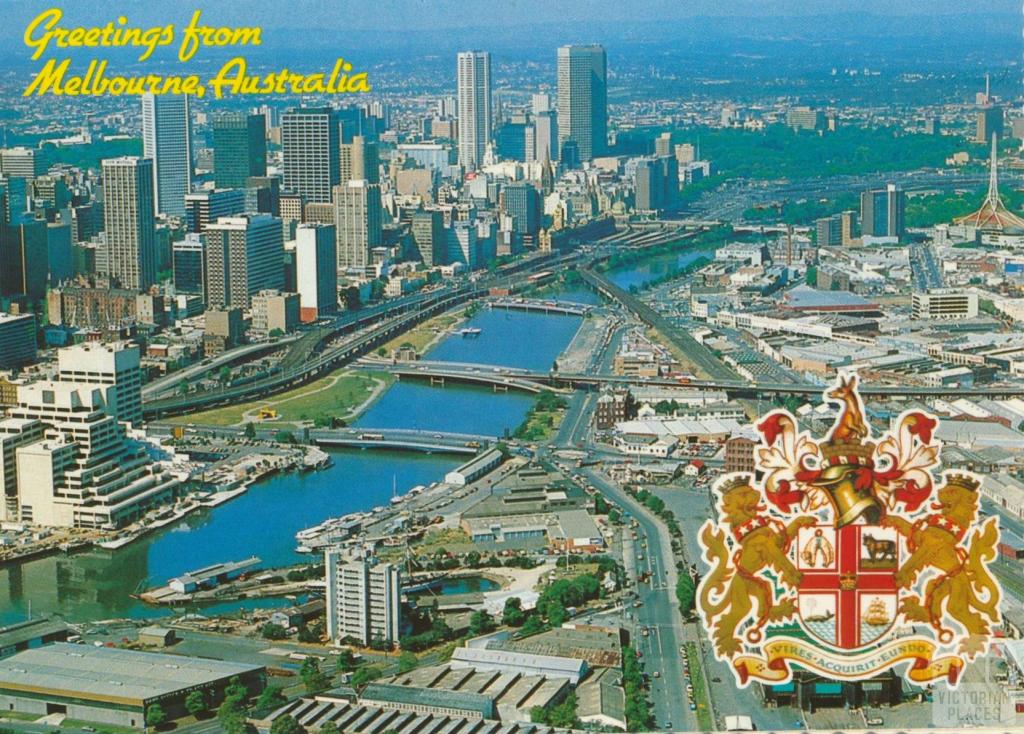 View of the city skyline annd Yarra River, Melbourne, 1985