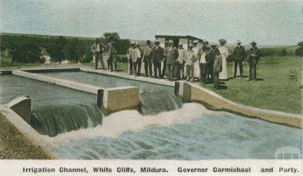 Governor Carmichael and party, Irrigation Channel, White Cliffs, Mildura, c1910